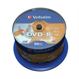 DVD-R lemez, nyomtatható, matt, no-ID, 4,7GB, 16x, hengeren, VERBATIM
