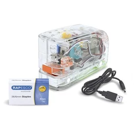 Tűzőgép, 26/6, 15 lap, műanyag, elemes, USB töltővel, RAPESCO "626EL", átlátszó