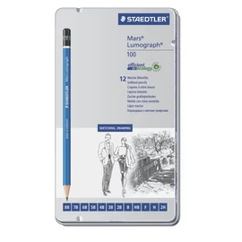 Grafitceruza készlet, fém doboz, hatszögletű, STAEDTLER "Mars Lumograph", 12 különböző keménység
