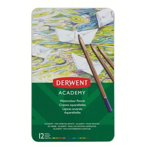 Akvarell ceruza készlet, fém doboz, DERWENT "Academy", 12 különböző szín