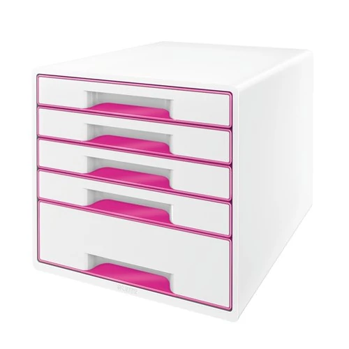 Irattároló, műanyag, 5 fiókos, LEITZ "Wow Cube", fehér/rózsaszín