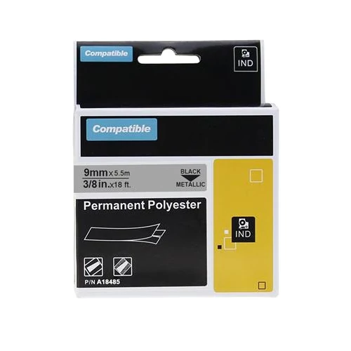 Feliratozógép szalag, 9 mm x 5,5 m, DYMO "Rhino", metál-fekete