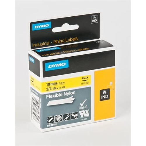 Feliratozógép szalag, flexibilis, 19 mm x 3,5 m, DYMO "Rhino", sárga-fekete