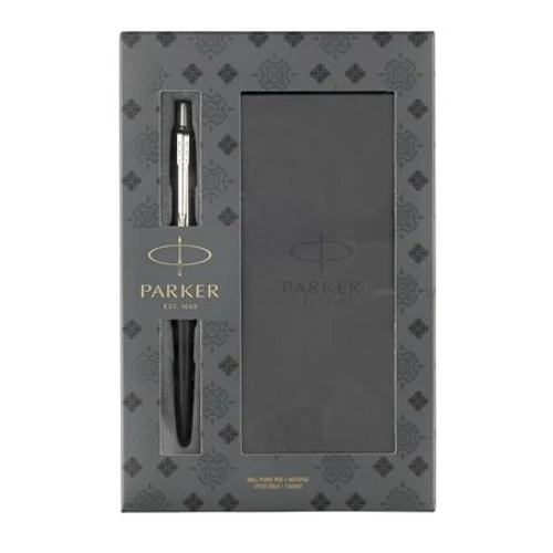 Golyóstoll, 0,7 mm, ezüst színű klip, fekete tolltest, díszdoboz, PARKER "Royal Jotter", kék, ajándék notesz