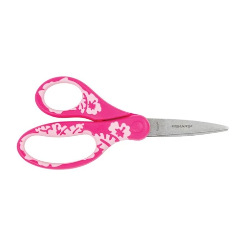Olló, iskolai, 15 cm, FISKARS "Softgrip", rózsaszín, virág motívummal
