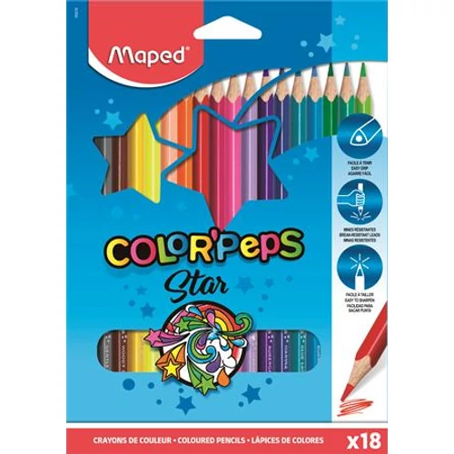 Színes ceruza készlet, háromszögletű, MAPED "Color`Peps", 18 különböző szín