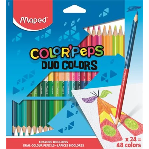 Színes ceruza készlet, háromszögletű, kétvégű, MAPED "Color`Peps Duo", 48 különböző szín