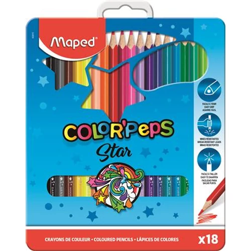 Színes ceruza készlet, háromszögletű, fém doboz, MAPED "Color`Peps", 18 különböző szín