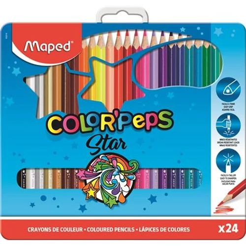 Színes ceruza készlet, háromszögletű, fém doboz, MAPED "Color`Peps", 24 különböző szín