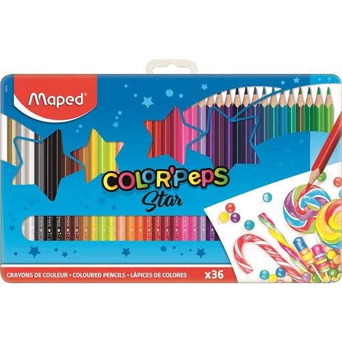 Színes ceruza készlet, háromszögletű, fém doboz, MAPED "Color`Peps", 36 különböző szín