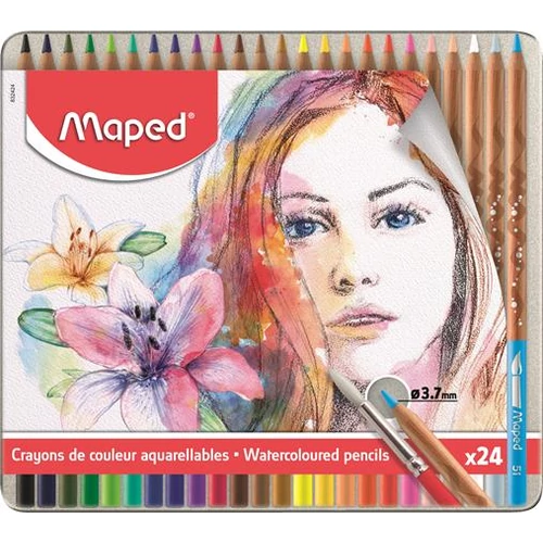 Akvarell ceruza készlet, ecsettel, fém doboz, MAPED "Artists", 24 különböző szín