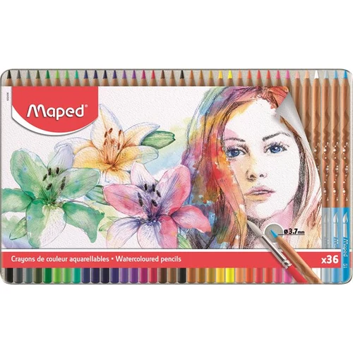 Akvarell ceruza készlet, ecsettel, fém doboz, MAPED "Artists", 36 különböző szín