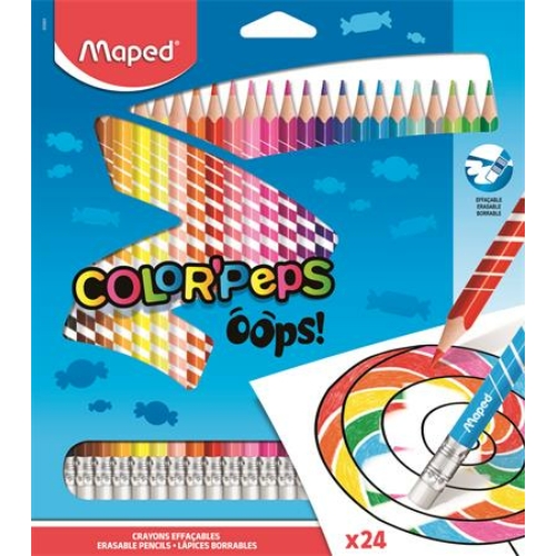 Színes ceruza készlet, háromszögletű, radírozható, MAPED "Color`Peps Oops", 24 különböző szín