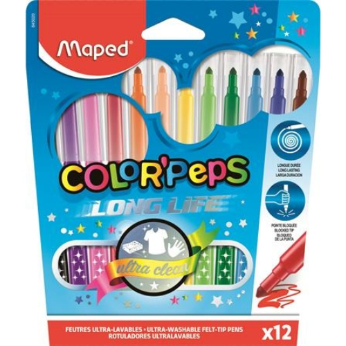 Filctoll készlet, 1-3,6 mm, kimosható, MAPED "Color`Peps", 12 különböző szín