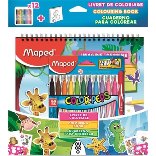 Filctoll készlet, 2,8 mm, kimosható, MAPED "Color`Peps Jungle", 12 szín +  kifestőkönyv