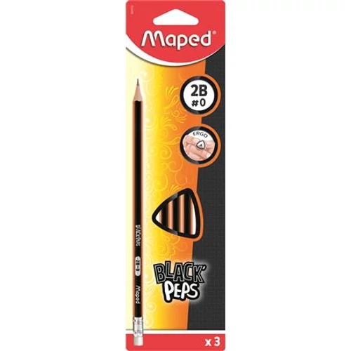 Grafitceruza radírral, 2B, háromszögletű, MAPED "Black`Peps"