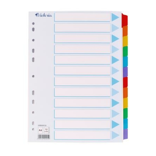 Regiszter, karton, A4, 12 részes, írható előlappal, VICTORIA, színes