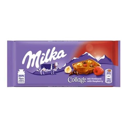 Desszert, 93 g, MILKA "Collage", mogyoródarabokkal és málnával