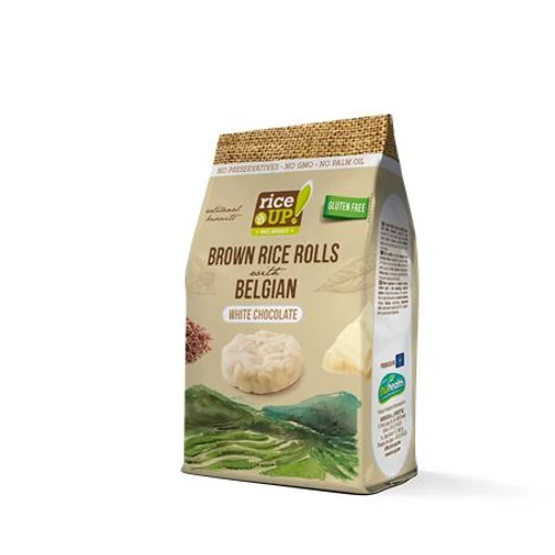 Barnarizs chips, 50 g, RICE UP, fehércsokoládés