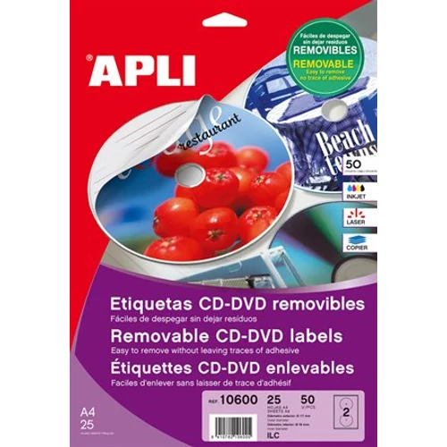 Etikett, CD/DVD, A4, teljes lefedettségű, matt, eltávolítható, APLI "Mega"