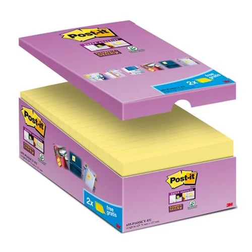 Öntapadó jegyzettömb csomag, 127x76 mm, 16x90 lap, 3M POSTIT "Super Sticky", sárga