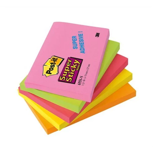 Öntapadó jegyzettömb, 76x127 mm, 5x90 lap, 3M POSTIT "Super Sticky", szivárványos vegyes