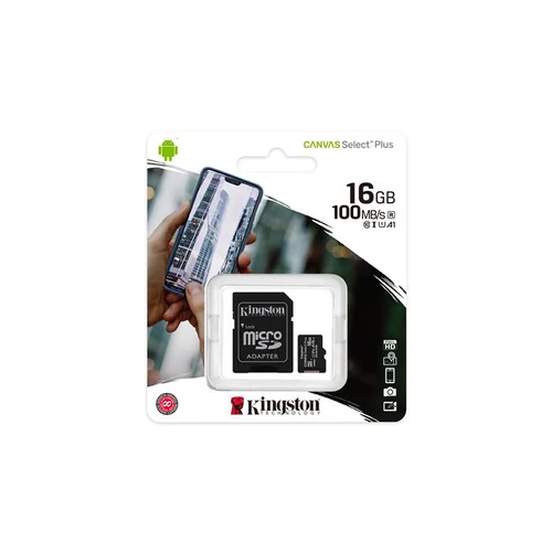 Memóriakártya, microSDHC, 16GB, CL10/U1/A1, adapter, KINGSTON "Canvas Select Plus"