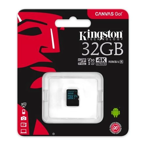 Memóriakártya, microSDHC, 32GB, CL10/U3, 90/45 MB/s, KINGSTON "Canvas Go"