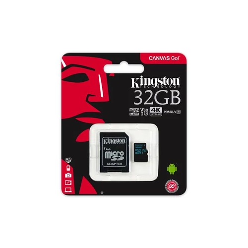 Memóriakártya, microSDHC, 32GB, CL10/U3/V30, 90/45 MB/s, adapter, KINGSTON "Canvas Go"