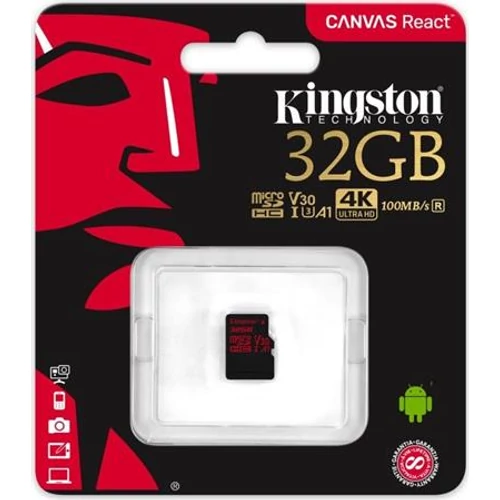 Memóriakártya, microSDHC, 32GB, CL10/U3/V30/A1, 100/70 MB/s, KINGSTON "Canvas React"