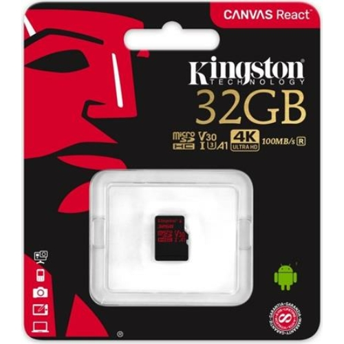 Memóriakártya, microSDHC, 32GB, CL10/U3/V30/A1, 100/70 MB/s, KINGSTON "Canvas React"