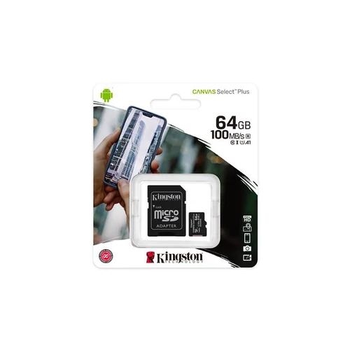 Memóriakártya, microSDXC,64GB, CL10/U1/A1, adapter, KINGSTON "Canvas Select Plus"