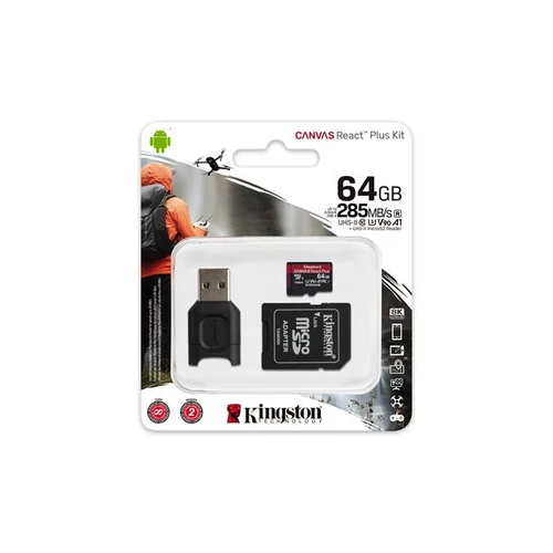 Memóriakártya, microSDXC, 64GB, C10/UHS-II/U3/V90/A1, adapter, kártyaolvasó, KINGSTON "Canvas React Plus"