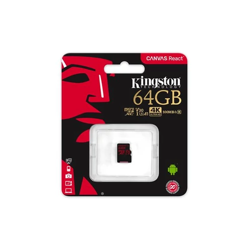 Memóriakártya, microSDXC, 64GB, CL10/U3/V30/A1, 100/80 MB/s, KINGSTON "Canvas React"