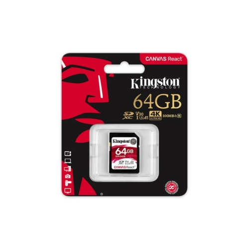 Memóriakártya, SDXC, 64GB, CL10/U3/V30/A1, 100/80 MB/s, KINGSTON "Canvas React"