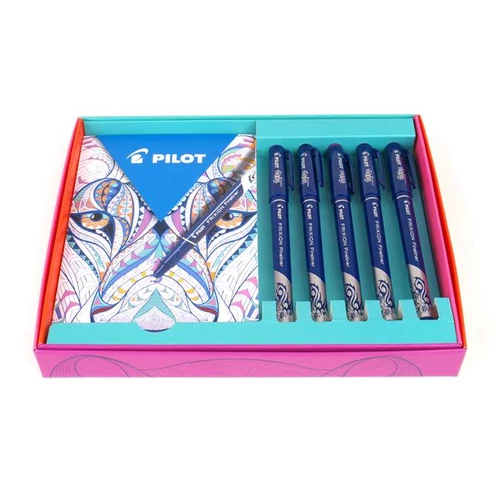 Tűfilc készlet, 0,45 mm, törölhető, színezhető képeslappal, PILOT "Frixion Fineliner", 5 különböző szín
