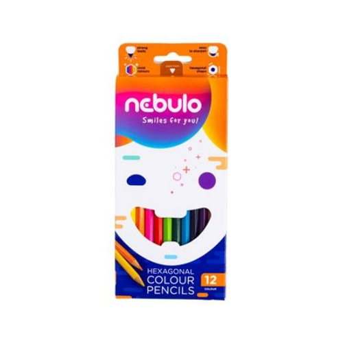 Színes ceruza készlet, hatszögletű,  NEBULO, 12 különböző szín