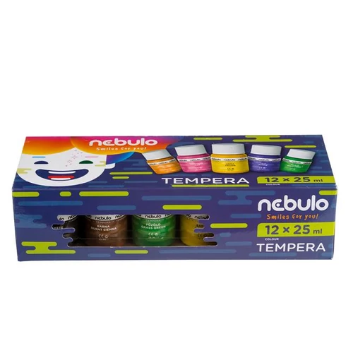 Tempera készlet, tégelyes, 25 ml, NEBULO, 12 különböző szín