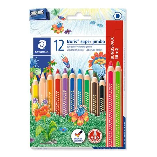 Színes ceruza készlet, háromszögletű, vastag, hegyezővel, STAEDTLER "Noris Super Jumbo", 10+2 különböző szín