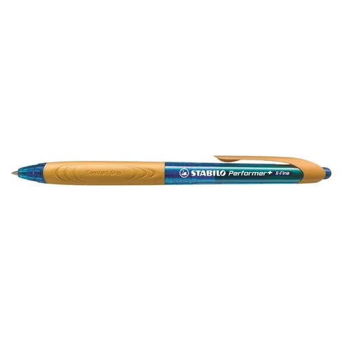 Golyóstoll, 0,38 mm, nyomógombos, narancssárga fogórész, STABILO "Performer+", kék
