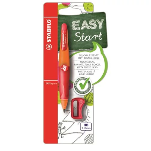 Nyomósirón, 3,15 mm, jobbkezes, ajándék hegyezővel, STABILO "Easyergo Start", narancssárga/piros