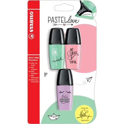 Szövegkiemelő, készlet, STABILO, "Boss Mini Pastellove", 3 különböző szín