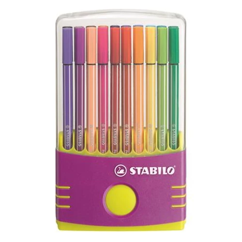 Rostirón készlet, 1 mm, műanyag lila tok, STABILO "Pen 68 ColorParade", 20 különböző szín