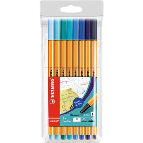 Tűfilc készlet, 0,4 mm, STABILO "Point 88", 8 különböző kék árnyalat