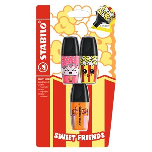 Szövegkiemelő készlet, 2-5 mm, STABILO "Boss Mini Sweet Friends", 3 különböző szín
